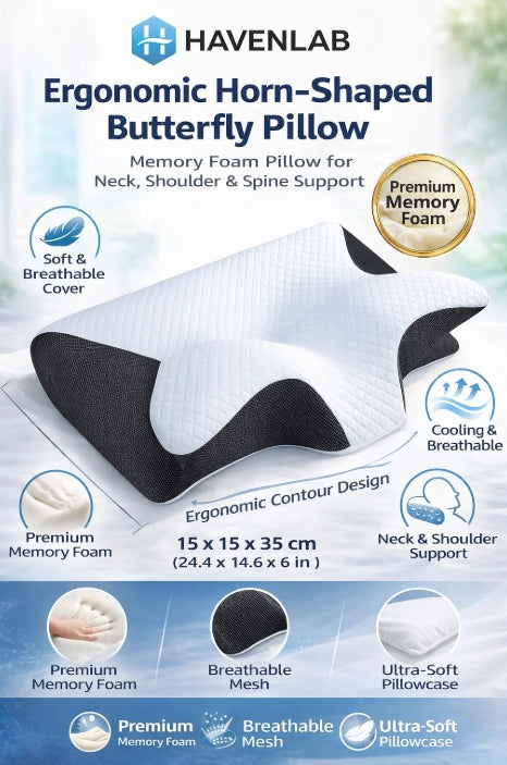 Ergonomic horn-shaped butterfly pillow with Havenlab branding on a blue background