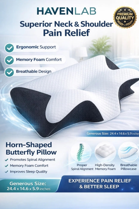 HavenLab Horn-Shaped Butterfly Pillow with features and benefits on a white background